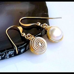 14k gold filled hand wrapped pearl earrings